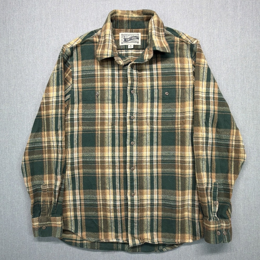 Schott Bros NYC Flannel Shirt Men's Medium Brown Green Plaid Button Down
